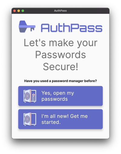AuthPass Welcome screen on first launch